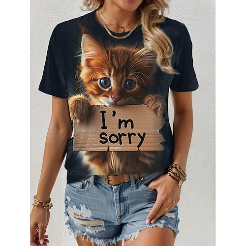 Playful 3D Cat Print Summer Tee – Trendy Round Neck Short Sleeve T-Shirt for Everyday Wear